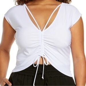 Open Edit Sheered Ruched V-Neck Crop Top Medium